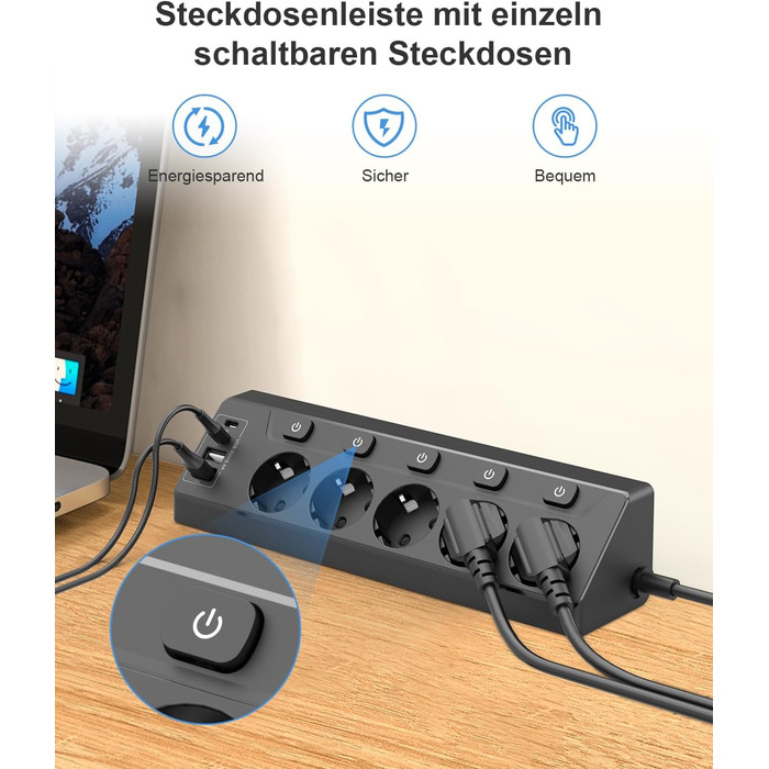 Розподільник розеток з незалежним вимикачем, мережевий фільтр з 4 USB (2 USB-C) + 5 розеток з дитячим захистом, 3680W, 2м подовжувач для кухні, офісу, дому (чорний) 5 розеток Чорний - Розподільник розеток