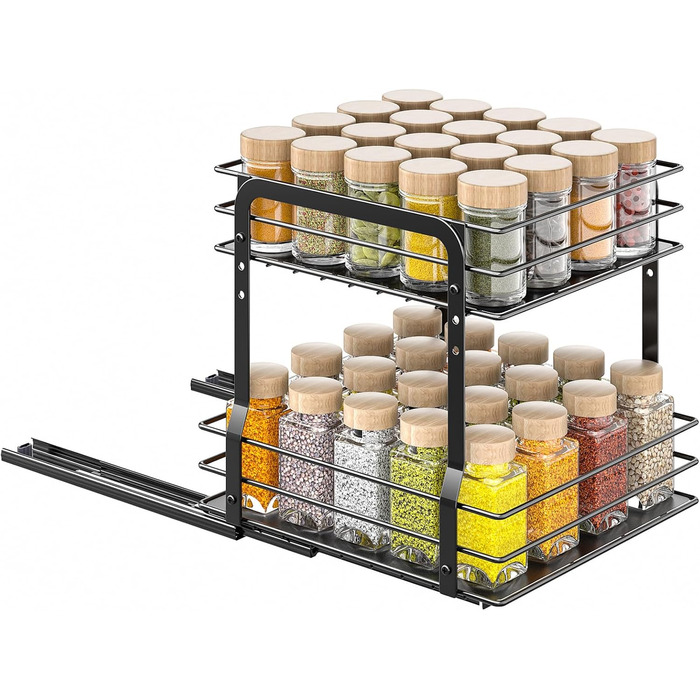 Висувна полиця для спецій, 2 яруси, органайзер для кухні, регульована висота, металева, чорний (26.4 x 12.5 x 24.3 см)