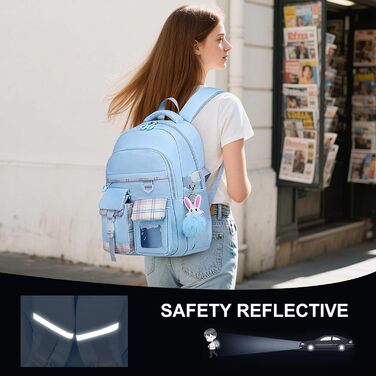 Сумка для школи для дівчаток - велика містка рюкзак Каваї з відділом для ноутбука для учнів початкової та середньої школи, блакитний