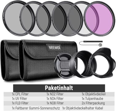 NEEWER Набір фільтрів ND2, ND4, ND8, UV, FLD, CPL 82 мм для об'єктивів + кришка об'єктива та бленда