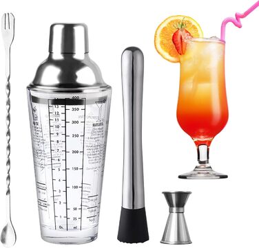 Stainless Steel Cocktail Mix Set - 14 Piece Bartender Kit with Bamboo Stand - Professional Cocktail Shaker Set - Perfect Gift
