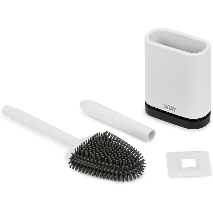 ТАТАЙ Щітка для унітазу з нержавіючої сталі з підставкою | Сучасний дизайн | З внутрішнім контейнером | Легко миється | Для гігієни у ванній кімнаті | 9 x 9 x 37 см | Силіконова щітка