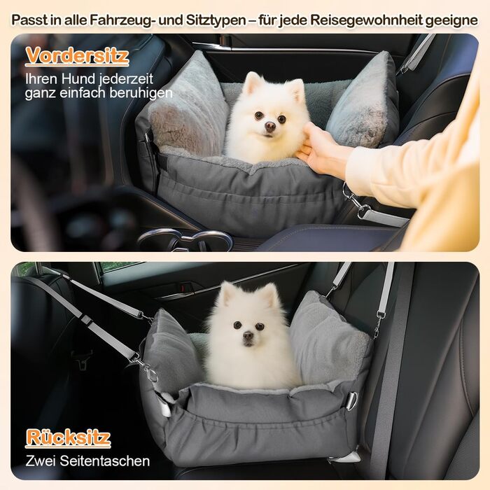 Автокрісло для собак 3-в-1 з переносною ліжком для маленьких собак – зручне автокрісло з розкладною поверхнею, м'яким матрацом, для переднього або заднього сидіння, внутрішнє та зовнішнє (02-Сірий)
