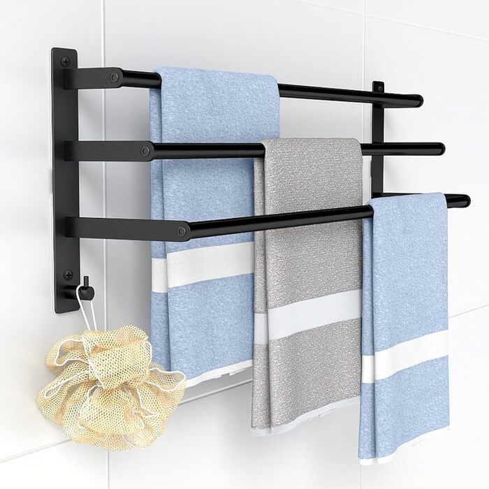 Тримач для рушників 80 см без свердління, чорний, з 3 стержнями, з нержавіючої сталі, з 2 гачками