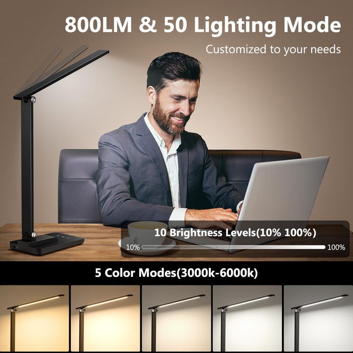 LED лампа настільна для дому та офісу, 15 режимів, денне світло, 1000LM, регулювання яскравості, 3600mAh, чорний колір