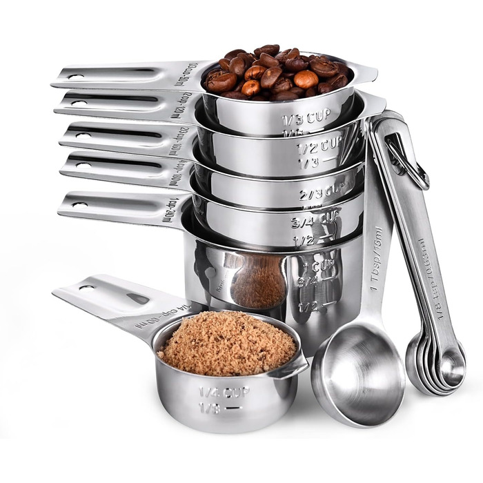 U-Taste Measuring Cups and Spoons, 12-Piece Set: 18/8 Stainless Steel Kitchen Metal Measuring Tools, Durable, Stackable Portion Cups and Spoons for Baking, Cooking Food Ingredients