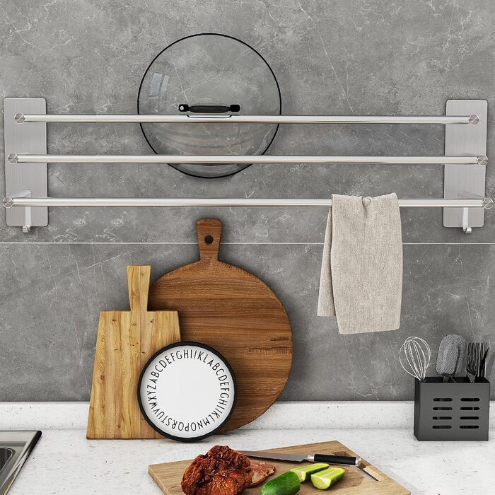 Тримач для рушників Vista з 3-ма перекладинами, 75 см, SUS304 нержавіюча сталь, без свердління, з двома гачками, сріблястий, для ванної, кухні, спальні