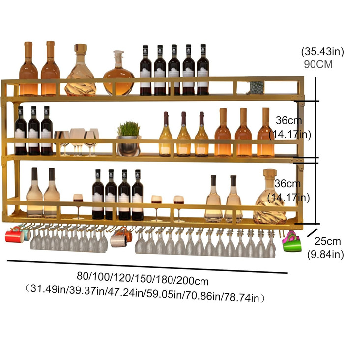 Настінна вітрина для вина з металу з підсвічуванням, 3 яруси, 100 см, чорний/золотий