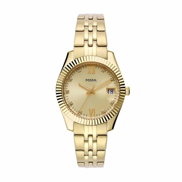 Жіночий кварцовий годинник Fossil Scarlette золотистого кольору з датами та сталевим браслетом, 33 мм
