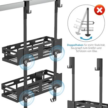 Reading Tour Shower Shelf 0n Drilling Black, Hanging Shower Shelf for Glass Shower Doors, Hanging Shower Shelf with 2 Shower Baskets, 4 Fixed Hooks, 1 Glass Wiper Hook, and 2 Movable Hooks Equipped