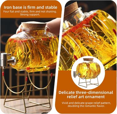 Barrel-shaped drink dispenser, 3L/5L glass water dispenser with stand, barrel decanter with tap, alcohol dispenser ideal for wine, whiskey, beer, juices, lemonade, gifts for friend, husband, father (5L, glass barrel)