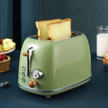 Wiltal Retro 2-Slice Toaster with 6 Adjustable Browning Levels, Stainless Steel with high-quality bread roll attachment. Warming, defrosting, and cancel function, countdown display, quick-toast technology (green)