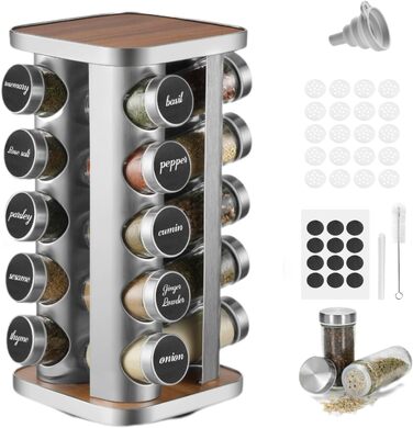 FRIBERG Spice Rack with 20 Spice Jars, Round, 100ml, 360° Swivel Stainless Steel Spice Carousel, Standing Spice Rack with Funnel, Label, Pen, and Cleaning Brush