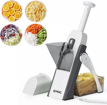 QYKIC Vegetable Slicer, ONCE FOR ALL Adjustable Vegetable Grater Mandoline Vegetable Slicer Potato Slicer Onion Slicer made of Plastic Grey, Stainless Steel
