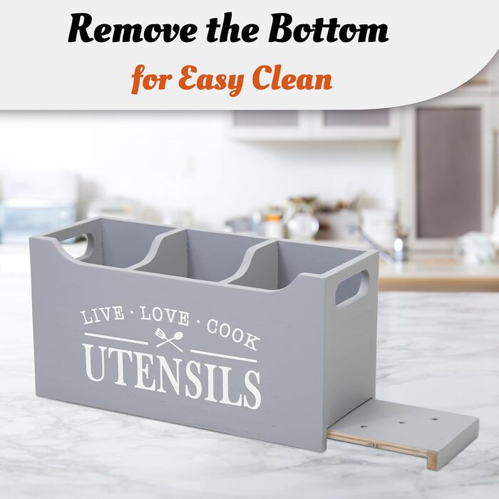 Karisky Kitchen Utensil Holder with Drainage Bottom, Large 3-Compartment Solid Real Wood Utensil Organizer for Countertops, Cooking Tools for Farmhouse Kitchens, (Gray)