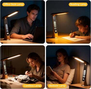 Bokefo Світлодіодна настільна лампа з акумулятором 1800 mAh, 3 кольори, регулювання яскравості, годинник, сенсорне управління, складна та портативна. Підходить для офісу, навчання, читання. Без адаптера