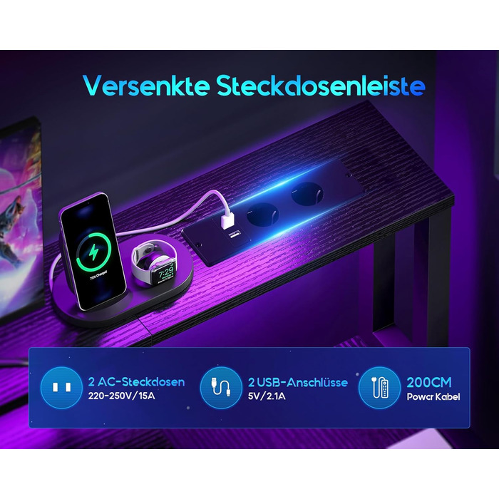 Ігровий стіл Coleshome з LED підсвічуванням, 140x48 см, з ящиками з тканини, стіл для комп'ютера з 2 розетками та 2 USB-портами, стіл для геймінгу з підставкою для монітора для дому/офісу, чорний 140x48 см