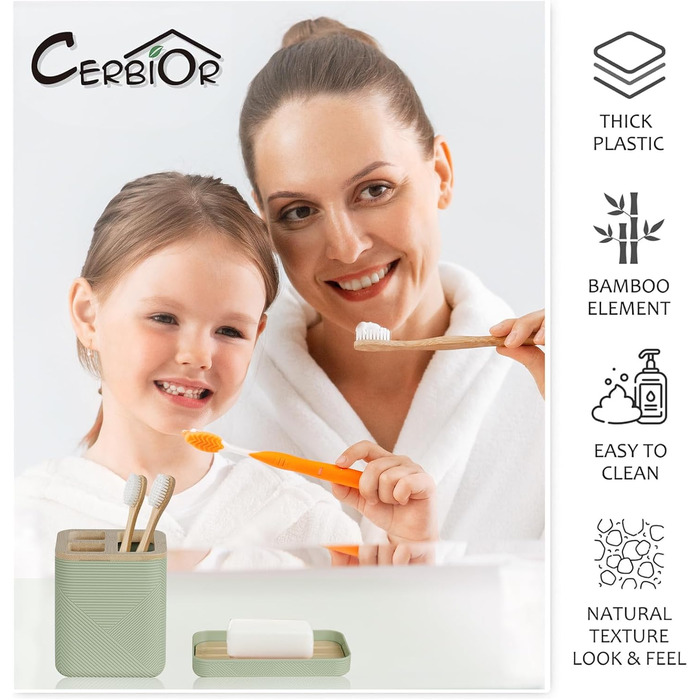 CERBIOR Набір аксесуарів для ванної кімнати, 6 шт., бамбуковий набір для ванної, з дозатором для мила, тримачем для зубних щіток, стаканчиком для зубних щіток, мильничкою для декоративного столу та подарунком для дому (зелений)