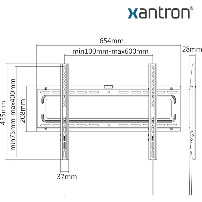 Кронштейн для телевізора Xantron STRONGLINE похилий 37-75 дюймів VESA 100x100 до 600x400, до 75 кг, плоский, з монтажним комплектом