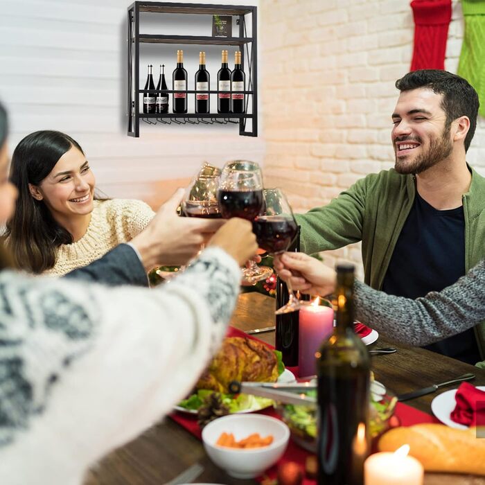 Wall-Mounted Wine Rack with Glass Holder, Wood and Metal Bottle Shelf with 3 Levels for 12 Bottles, Wine Stand with Cup Shelf, Suitable for Kitchen, Maximum Load Capacity 50 kg, 60*20*62 cm