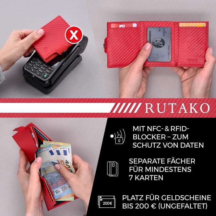 Слімий гаманець RUTAKO з RFID-захистом для чоловіків та жінок, компактний картхолдер з відділенням для монет, Carbon Red