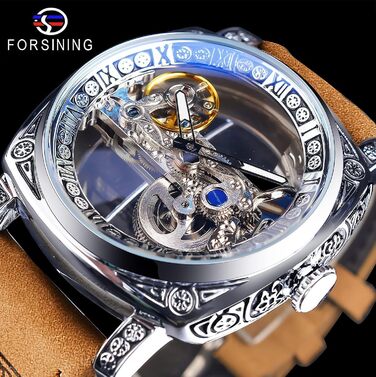 Годинник чоловічий FORSINING, квадратний, ретро, механічний, з автопідзаводом, з відкритим механізмом, золотий скелет, вінтажний, з шкіряним ремінцем (срібний)