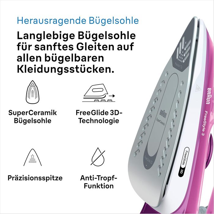 Праска з парою Braun FreeStyle 3 FI3124 PU, 2400 Вт, фіолетово-рожева, технологія FreeGlide 3D, керамічна підошва, Ultimate FastClean