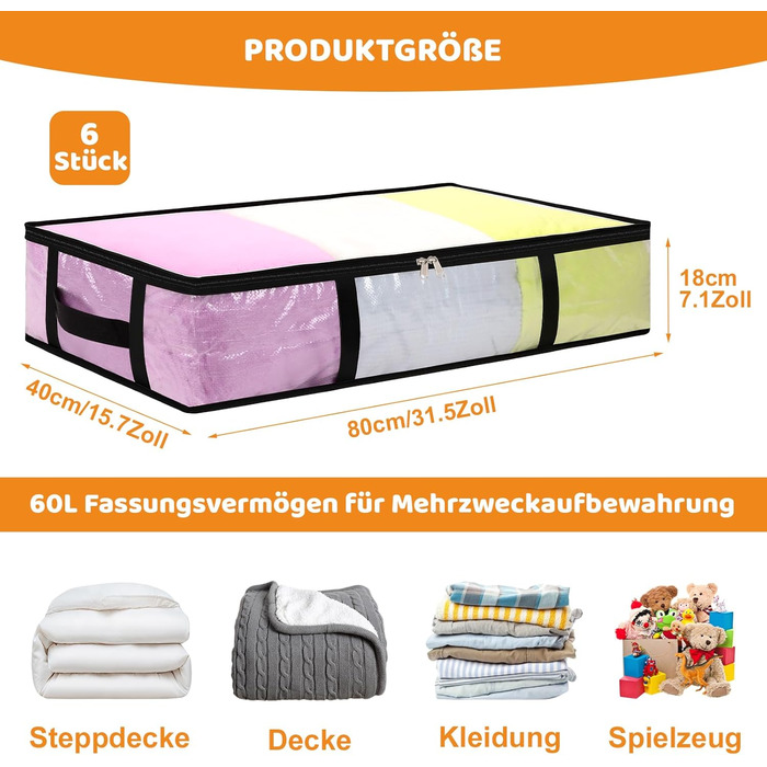 Коробки для зберігання під ліжко 90л (4 шт) з кришкою, прозорі, великі, складні, з ручками. Підходять для постільної білизни, подушок, одягу.