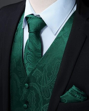 Костюмний комплект Enision для чоловіків: жилет, краватка та нагрудна хустинка з двобортною в'язкою жакард, темно-зелений (S)