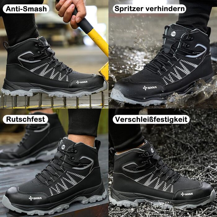 Чоловічі та жіночі робочі черевики ISOOUS з високим захистом, чорні, з металевим підноском, неслизькі, 43 EU