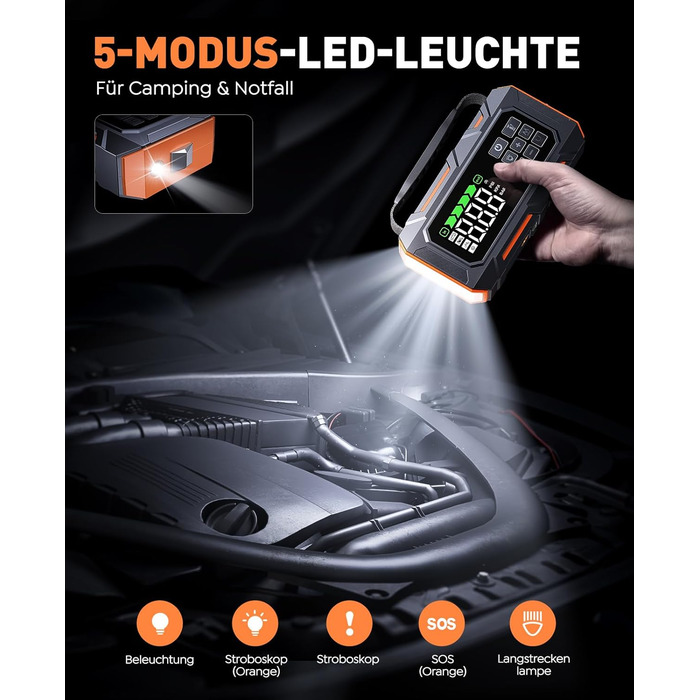 Powerbank для авто 26800mAh 7000A з компресором 160PSI, старт допомога, 5 LED, набір для ремонту шин, молоток, підтримка бензину/дизеля