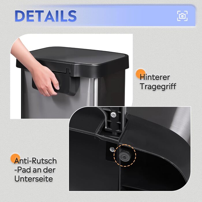 Відро для сміття WLIVE з нержавіючої сталі, 55L, з м'яким закриттям, для кухні, спальні, офісу, срібний