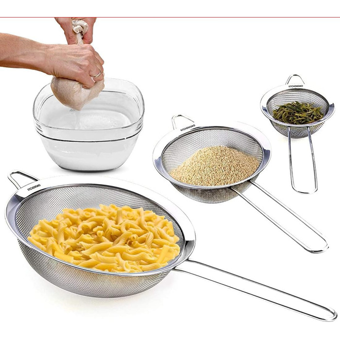 Набір кухонних сит з нержавіючої сталі, 3 шт (7/12/18 см), з посиленим руків'ям, дрібний сито, для випічки, приготування їжі, просіювання, соку