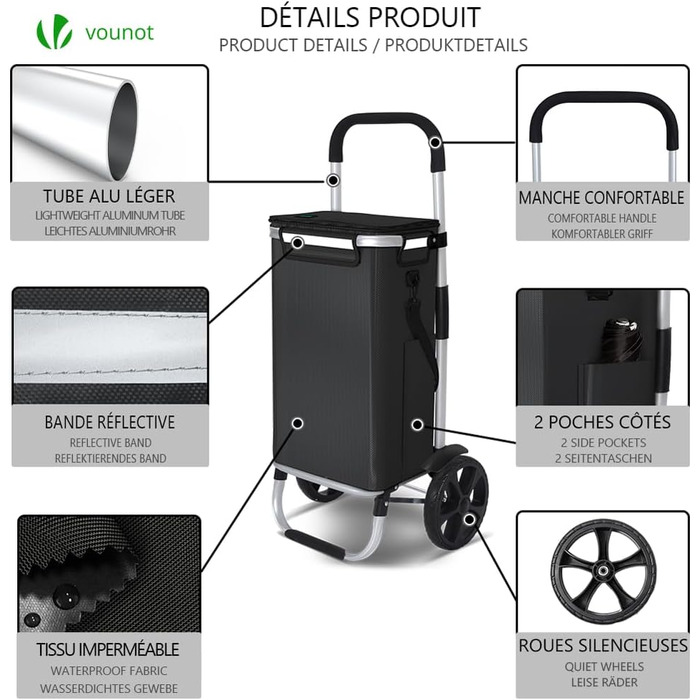Складна господарська сумка-візок VOUNOT 50 л з алюмінію, водонепроникна з термовідділенням, великі колеса з бризковиками, чорна
