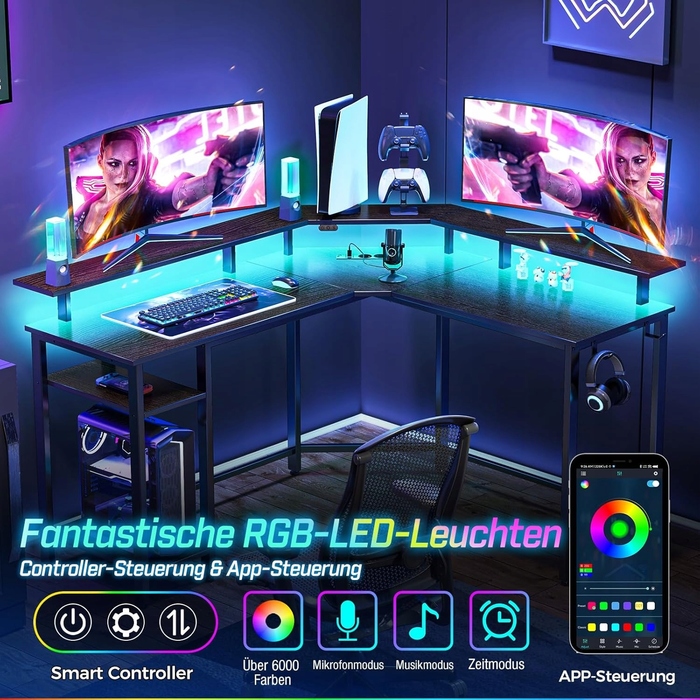 Кутовий комп'ютерний стіл у формі L з LED-підсвіткою та розетками, 135x47 см