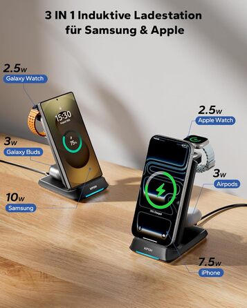 Бездротова зарядна станція 3-в-1 KPON для Samsung Galaxy Watch та смартфонів (S26/S25/S24/S23/S22/Z Flip/Fold, Buds) - Чорна, складна, індуктивне заряджання