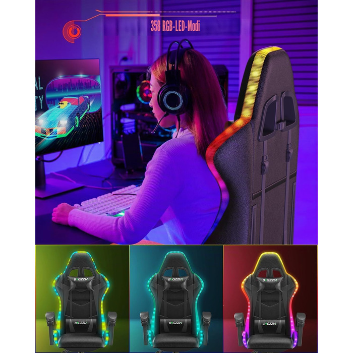 Геймерське крісло Bigzzia з RGB підсвіткою, ергономічне для ПК, з підголівником, чорне