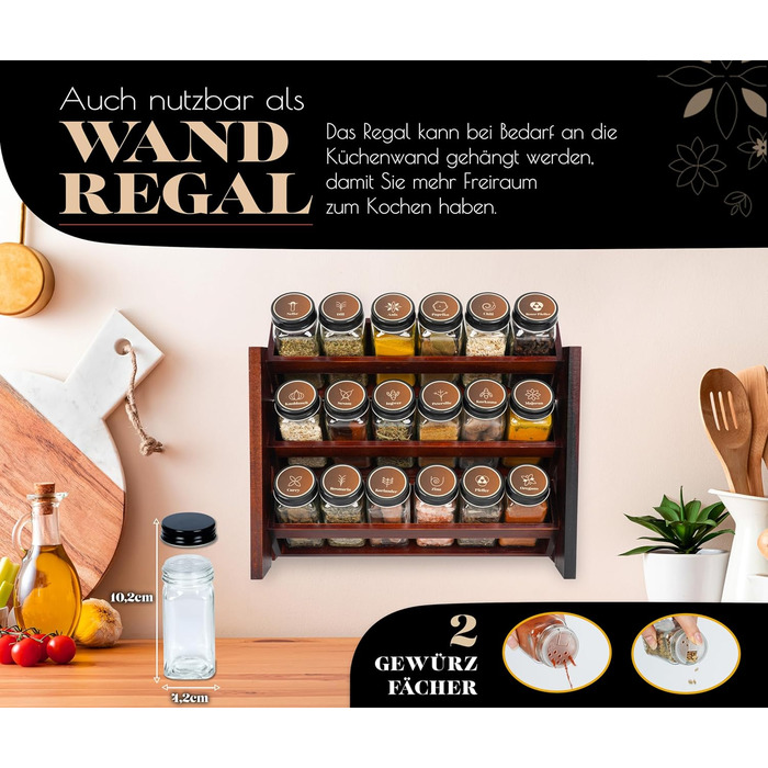 Elegant dark spice rack, wood, standing & wall mounted. 18 SPICE JARS, 25 LABELS. Spice organizer, spice rack, kitchen shelf, wood, vintage. Spice rack - spice rack system hanging - spice storage