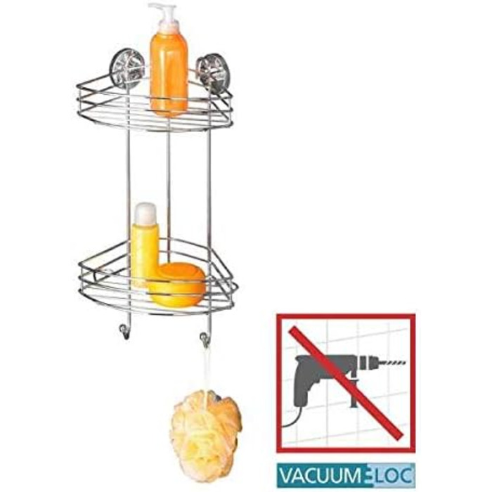 WENKO Vacuum-Loc Corner Shelf 2 Tiers Chrome, Shower Shelf with 2 Levels and 2 Hooks, Drill-Free Attachment with Vacuum, Chrome-Plated Metal, 24.5 x 41 x 16 cm