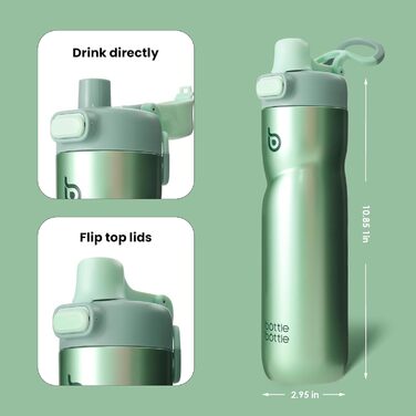 BOTTLE BOTTLE Insulated Water Bottle, 680 ml, with Handle and Flip-Top Lid, Bicycle Water Bottle, Push-Button Lid, Leak-Proof, Portable, for Travel, Sports, Riding, Green