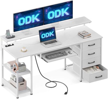 Комп'ютерний стіл ODK з 4 шухлядами, розетками та USB, полицею і висувною полицею для клавіатури, для офісу чи вітальні, білий, 140x52x92 см