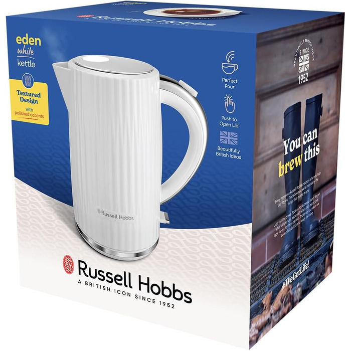Russell Hobbs Kettle [1.7L 2400W] Eden White, Stainless Steel Accents (removable scale filter, lid opening with push button, water level indicator, illuminated switch, BPA free) Teapot 27360-70