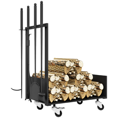 Стійка для дров Outsunny 48 x 30 x 76 см з колесами, мітла, совок, кочерга, щипці, гак для дров, полиця для дров для вулиці, приміщення, метал, чорний | Aosom