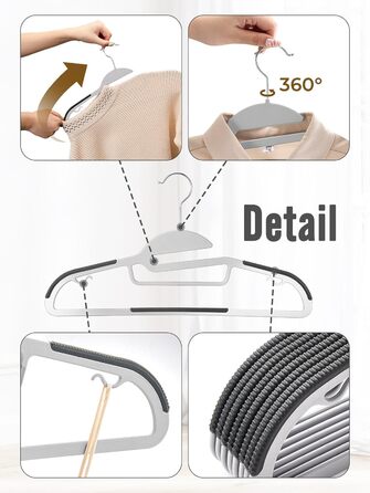 20 шт. Плечі для одягу HOUSE DAY з пластику - протиковзкі, для мокрого та сухого одягу, обертаються на 360°, міцні, сірі (з чорною гумовою смугою)
