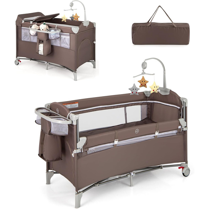 DREAMADE 4-in-1 Travel Bed with Mattress, 120 x 60cm Crib/Bouncer with Wheels, Folding Baby Bed as Changing Table & Playard, Baby Travel Bed from Birth (Gray)