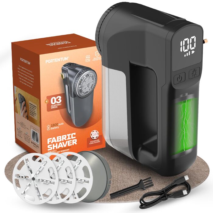 Портентум Фусселрасйер: Електричний видалення ворсу з LED-підсвіткою, 3 режими, 9000 об/хв, 6-клинковий насадка, USB-C, 15W для одягу та дому