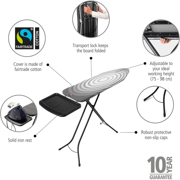 Гладильна дошка Brabantia Bügelbrett B для парогенераторів, 124 x 38 см, чорна, з металевим підставкою та регулюванням висоти