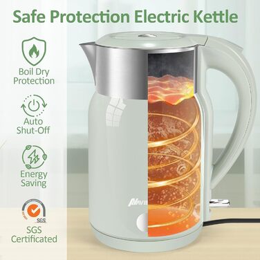 Navie Mobi Stainless Steel Electric Kettle - 1.8L, 2200W Fast Boiling, BPA-Free, Double-Walled, Drip-Free, Auto Shut-Off, Quiet & Cordless, SGS Certified, Turquoise Green