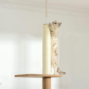 PawHut Cat Tree, Ceiling-High, 228-260 cm Adjustable Height Cat Tree/Climbing Tree for Cats with 3 Levels, Cat Scratching Post, Floor-to-Ceiling Play Tree (Khaki)