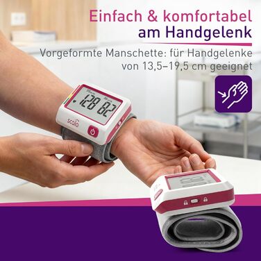 Тонометр на зап'ястя Scala SC 6027 A (червоний) – точний вимірювач артеріального тиску з індикатором ВООЗ, 85 місць пам'яті, Fuzzy Logic, з батарейками та коробкою, розмір манжети 13,5-19,5 см